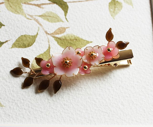 【さくらヘアピン】ピンク桜ヘアピンブロンズ樹脂生植物ヘアピン