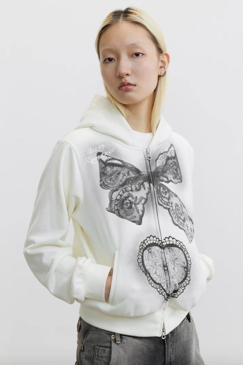 Bowknot Sweater 蕾絲噴繪薄絨短衛衣 - 帽T/大學T - 棉．麻 白色