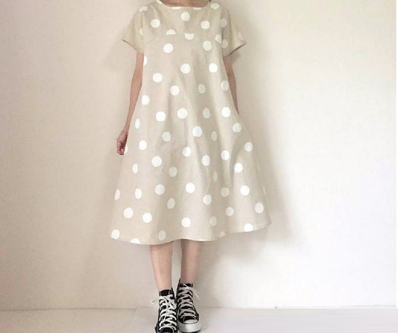Snow polka-dot flare dress dress cotton linen production color - One Piece Dresses - Cotton & Hemp White