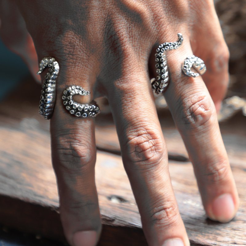 Couple tentacle octopus biker ring unisex sterling silver 925 nautical viking - General Rings - Sterling Silver Silver