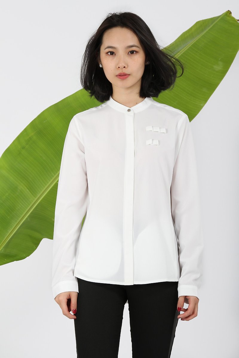 Two-pocket stand-collar suction stretch shirt - Women's Shirts - Polyester White