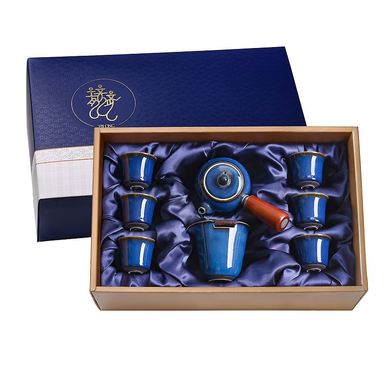 Blue rabbit hair glaze 8-piece gift box (pot + sea + 6 cups) - Teapots & Teacups - Pottery 