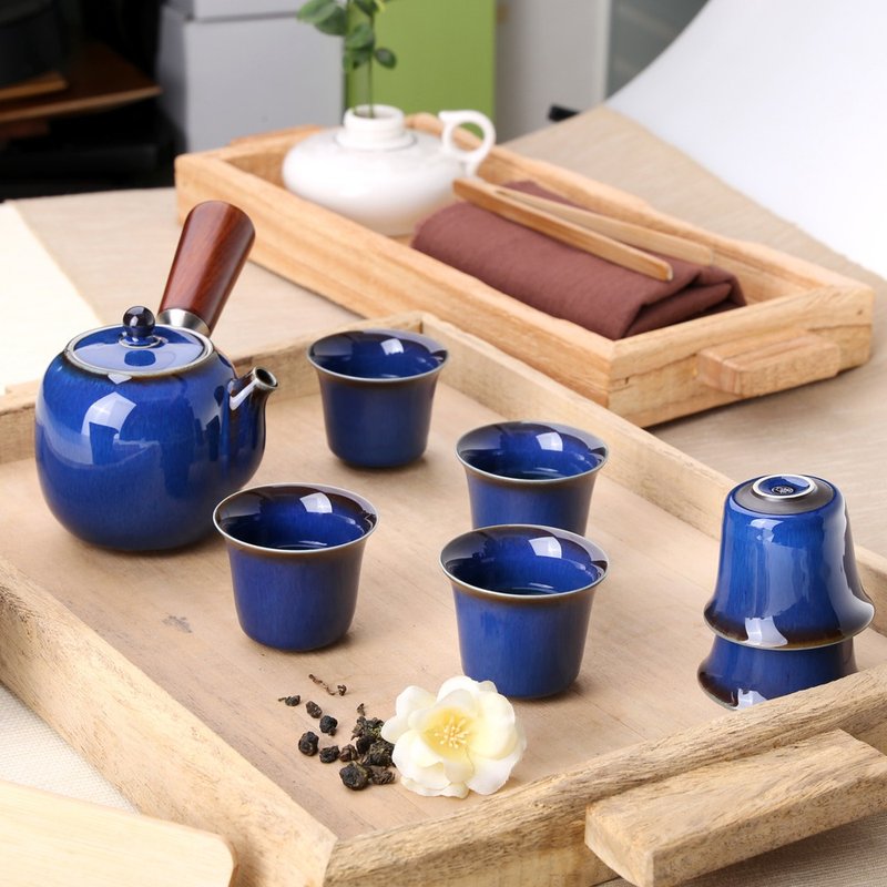 藍翠玉兔毫釉8入禮盒(壺+海+6杯) - 茶壺/茶杯/茶具 - 陶 