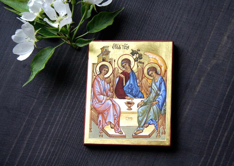 hand painted orthodox wood icon Saint Holy Trinity pocket size miniature art - 其他 - 木頭 金色