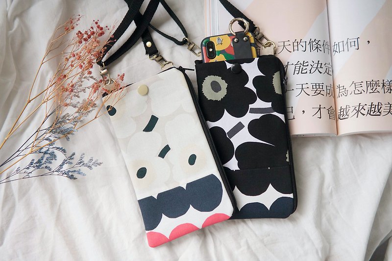 Multifunctional Mobile Phone Bag | Mobile Coin Purse | Mobile Phone Strap | Holland Series | Black and White Poppy - Phone Cases - Cotton & Hemp Black