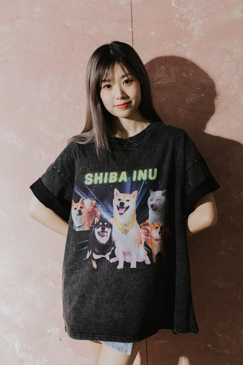 Retro American washed Tee- Shiba Inu-Y2K-Shiba - เสื้อฮู้ด - ผ้าฝ้าย/ผ้าลินิน สีดำ