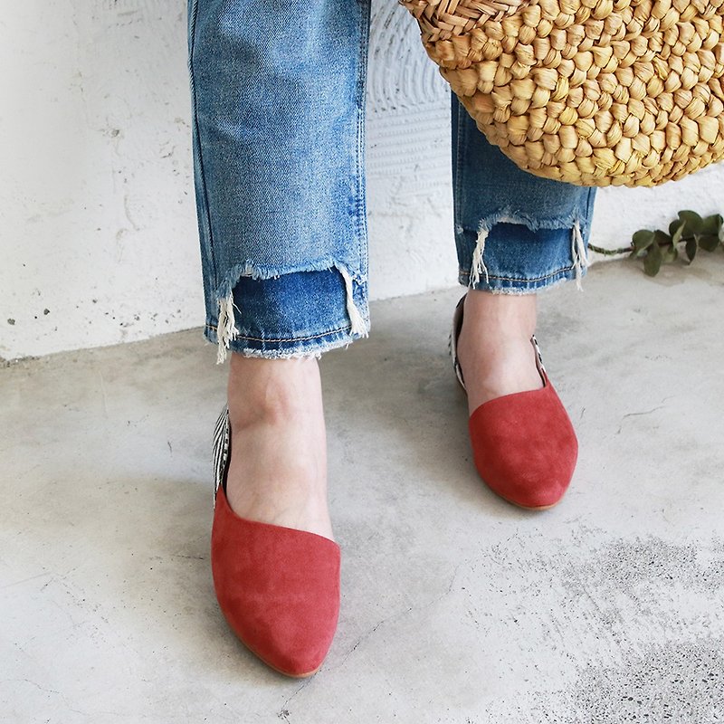 [Hand-made] Different material stitching slippers_orange - รองเท้าลำลองผู้หญิง - หนังแท้ สีแดง