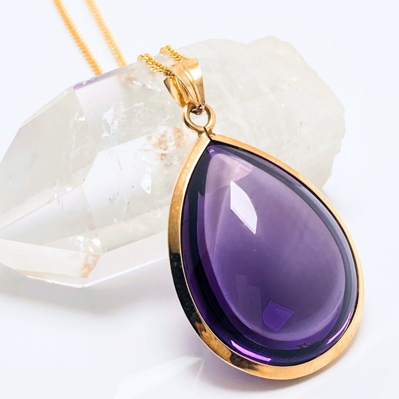 27mm Solid Amethyst K18 K18GP Natural Stone Pendant Necklace - Rolled M - Necklaces - Stone Purple