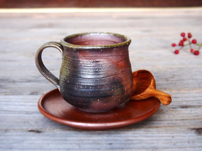 Set of Bizen coffee cup and saucer (medium) c 6 - 021 - แก้วมัค/แก้วกาแฟ - ดินเผา สีนำ้ตาล