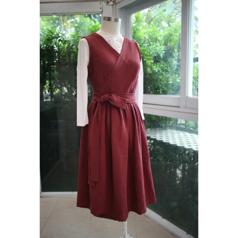 Handmade by Cherry 日常韓服 - 酒紅色背心韓服連身裙 秋冬 - 洋裝/連身裙 - 棉．麻 紅色