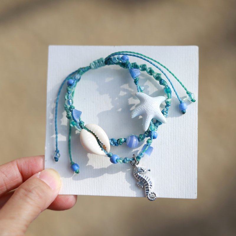 Seahorse starfish shell natural stone woven waxed cord double layered bracelet - 手鍊/手鐲 - 繡線 藍色