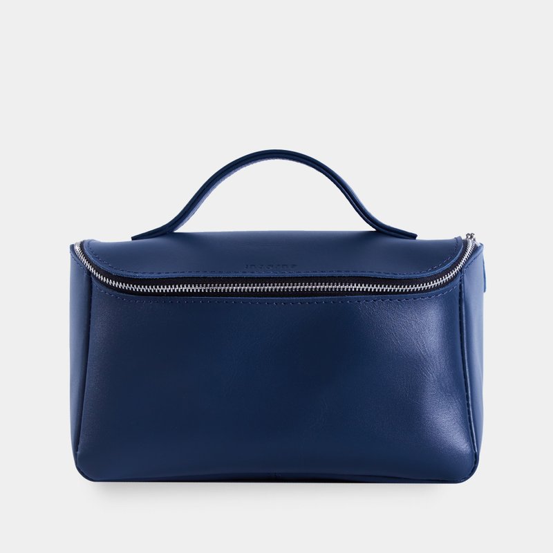 กระเป๋าเครื่องสำอางหนังสีน้ำเงินคลาสสิก – อุปกรณ์จัดระเบียบเครื่องสำอางทำมือ - กระเป๋าเครื่องสำอาง - หนังแท้ สีน้ำเงิน