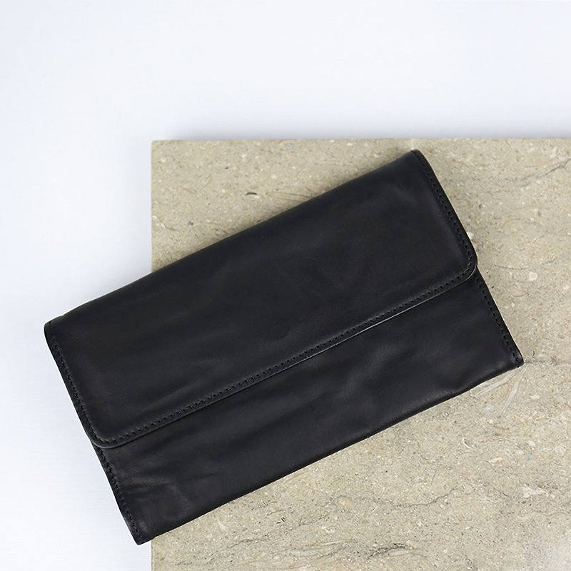 [Last Piece] Unisex Minimalist Feng Shui Leather Thin Long Clip-Black - กระเป๋าสตางค์ - หนังแท้ สีดำ