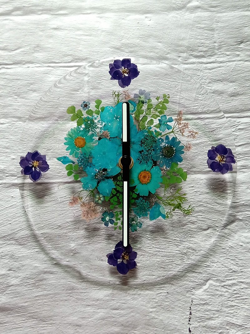 Dry Flowers, Pressed Flowers, Flowers Wall Clock, Blue color - นาฬิกา - อะคริลิค สีน้ำเงิน