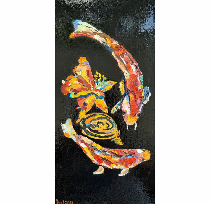 锦鲤 油畫原作 手工油畫 掛畫 油畫 - 海報/掛畫/掛布 - 其他材質 黑色