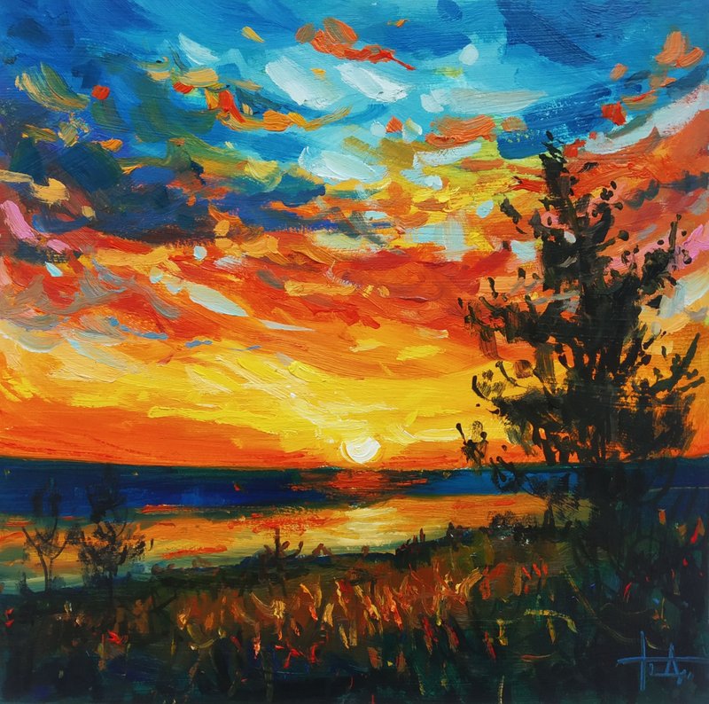 Original Painting Landscape Bright Sunset Small Painting 8x8 inches - 壁貼/牆壁裝飾 - 紙 多色