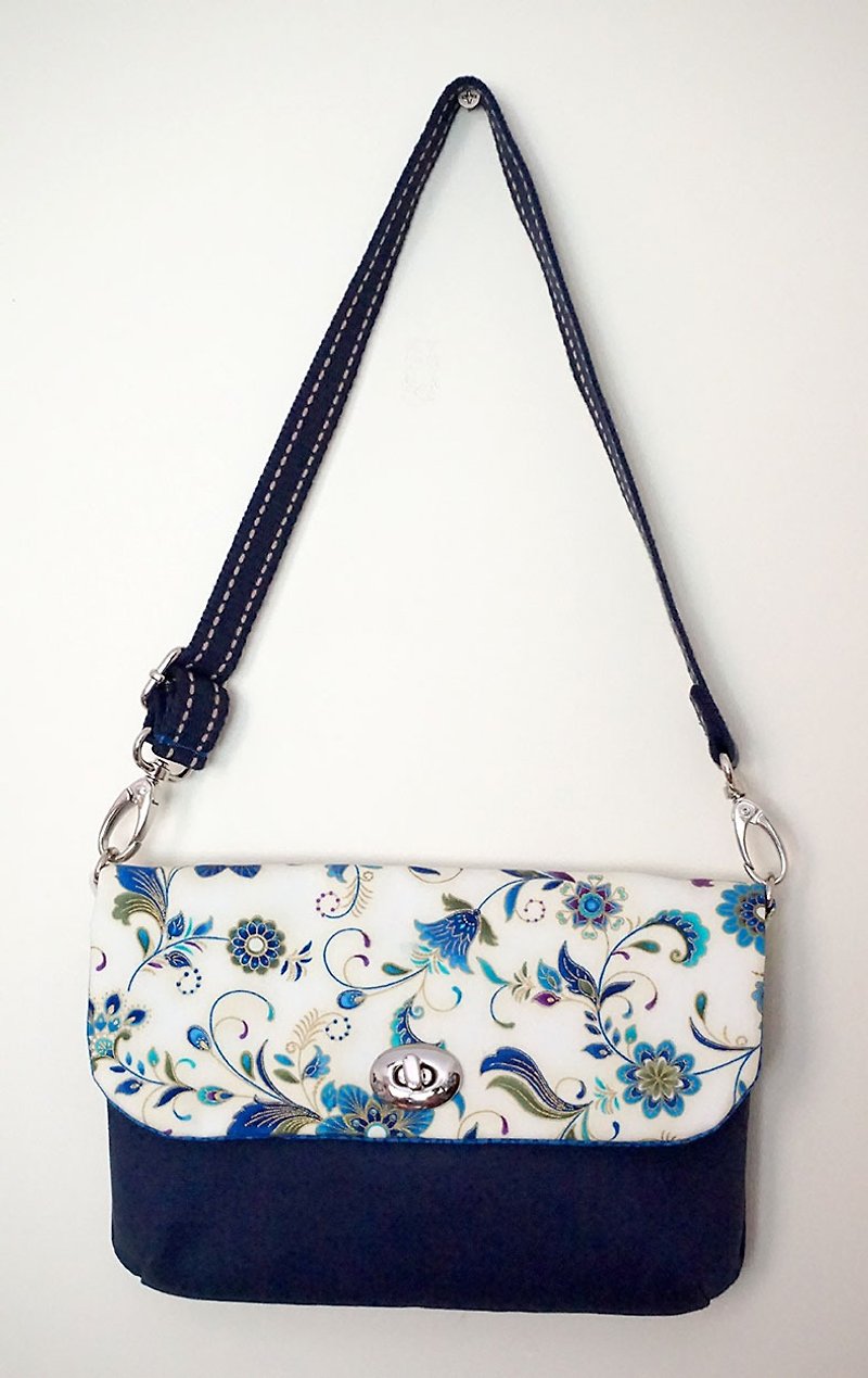 Botanical flower pattern side shoulder pouch tote - Handbags & Totes - Cotton & Hemp Blue