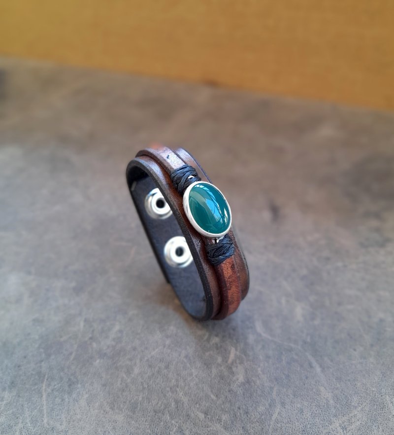 Natural Dark Green Aventurine Bracelet, Silver 925 Prosperity Stone Bracelet - 手鍊/手環 - 寶石 咖啡色