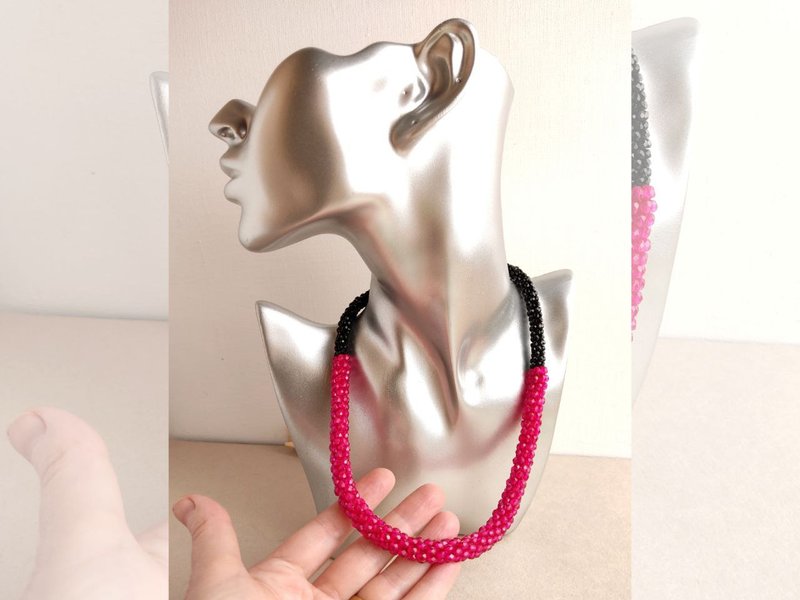 Red black necklace faceted glass beads crocheted choker - 項鍊 - 玻璃 紅色