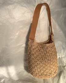 Tree & Fruits Crocheted Cylindrical Straw Bag Vegetable Tanned Leather Woven Bag Papyrus Oatmeal