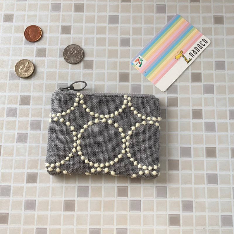 mina perhonen tambourine small pouch grey handmade circle pattern coin case zero coin bag - กระเป๋าใส่เหรียญ - ผ้าฝ้าย/ผ้าลินิน สีเทา