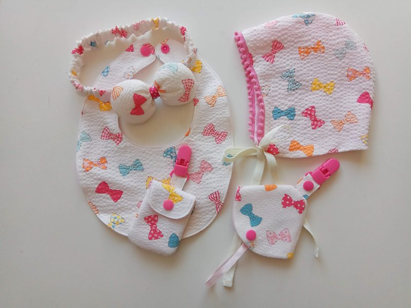 Bow Moon Gift Bib + Peace Symbol Bag + 2 in 1 pacifier clip + hair band + baby hat - Baby Gift Sets - Cotton & Hemp Pink