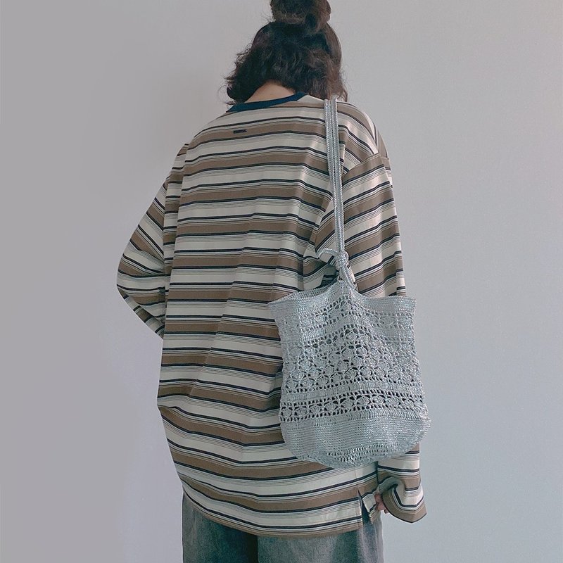 Summer Silver Shell & Net Bag Crochet shoulder bag - 手提包/手提袋 - 聚酯纖維 銀色