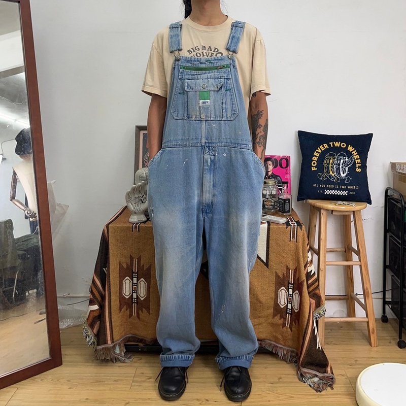 LIBERTY washed paint-splashed light-colored denim overalls vintage overalls second-hand - กางเกงขายาว - ผ้าฝ้าย/ผ้าลินิน สีน้ำเงิน