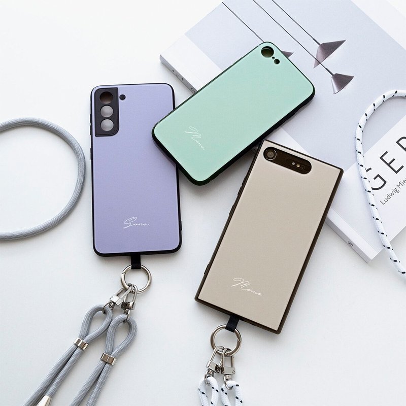 多機種対応 スマホケース ガラス HMストラップ付 【 くすみカラー 名入れ 】 スマホショルダー ショルダーストラップ 文字入れ JI78U - 手機殼/手機套 - 玻璃 綠色