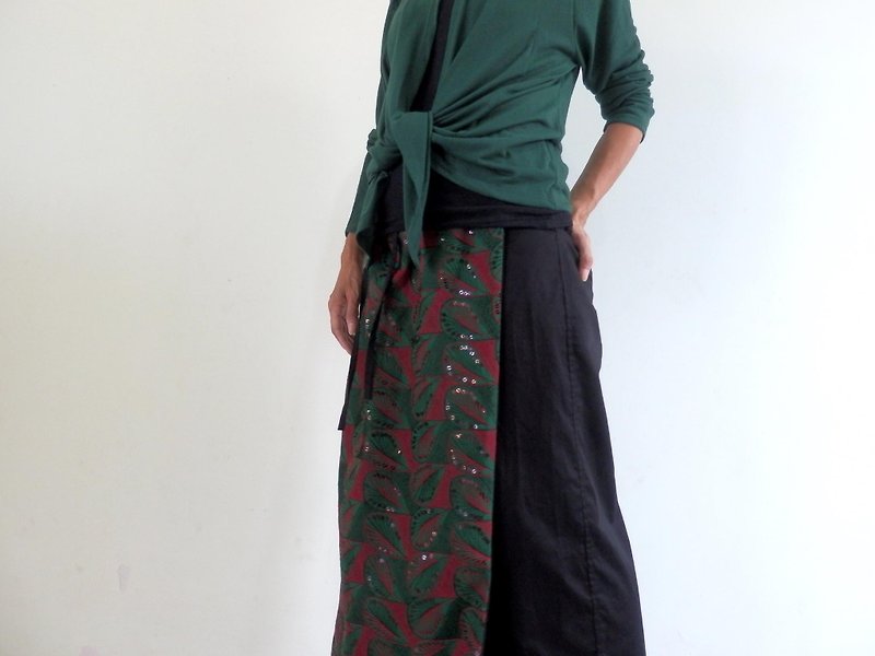 秋色総刺繍2カラー/ラップスカート付きゆったりストレートパンツ - パンツ レディース - コットン・麻 ブラック