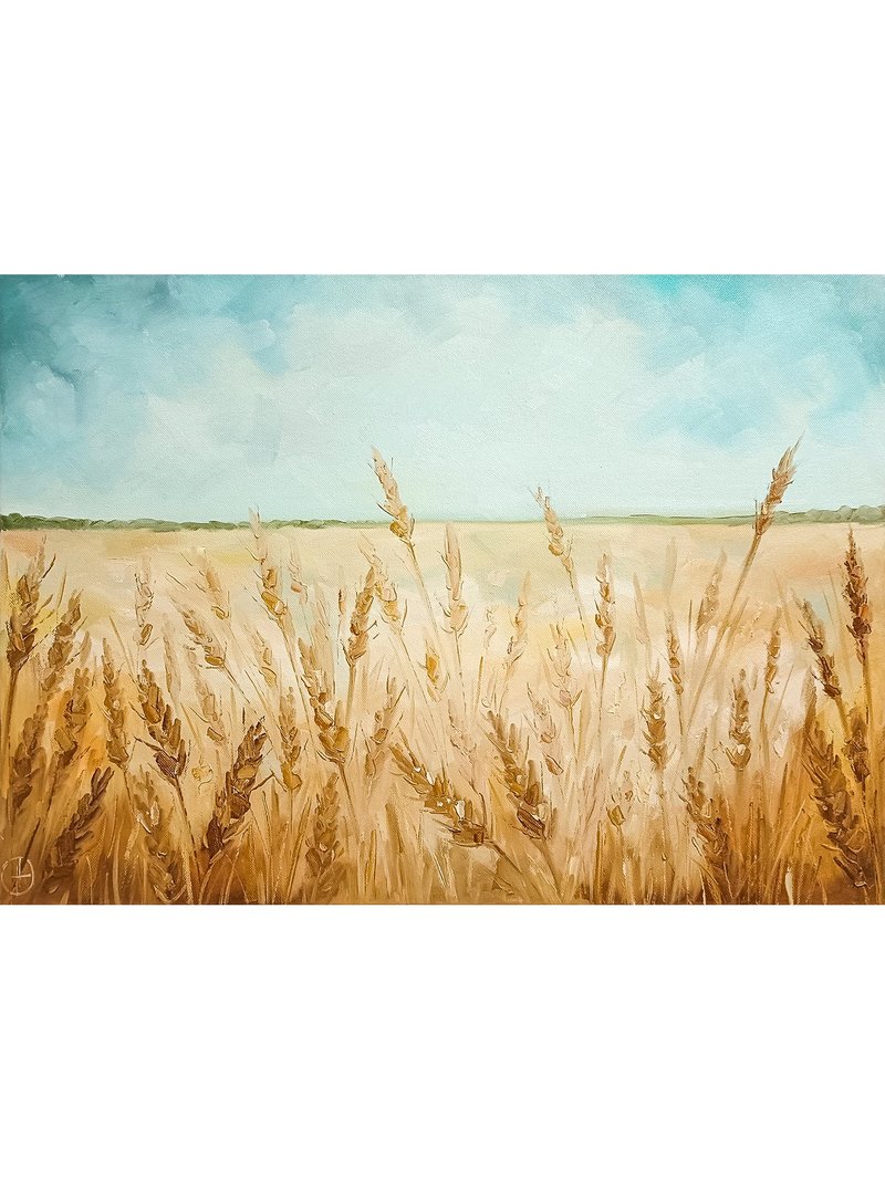 Countryside Landscape Oil Painting Wheat Field Artwork Minimalist by Nadya Ya - 海報/掛畫/掛布 - 其他材質 卡其色
