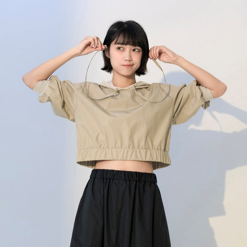 網紗拼接連帽短上衣 - 女上衣/長袖上衣 - 棉．麻 卡其色