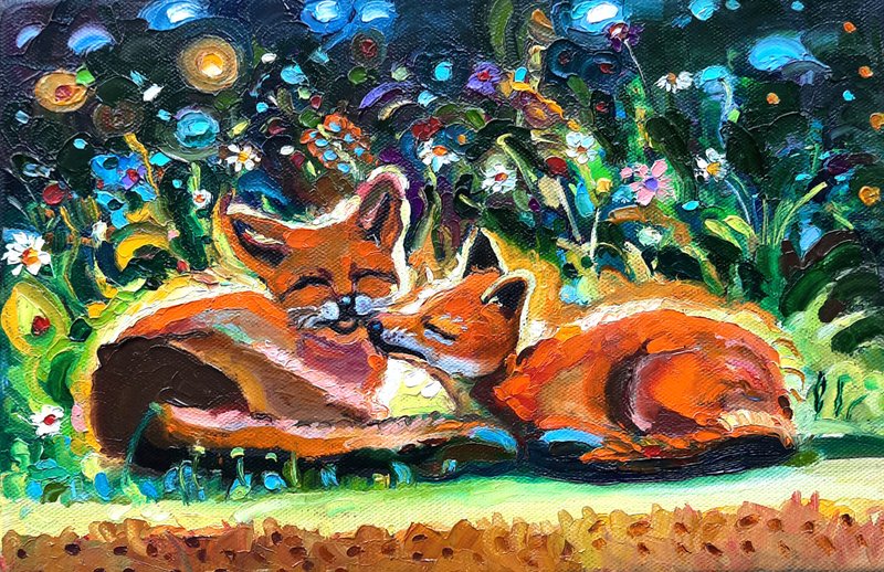 Foxy Art  Couple Painting Forest Art Original Art  Oil Painting   Oil On Canvas - 壁貼/牆壁裝飾 - 其他材質 橘色