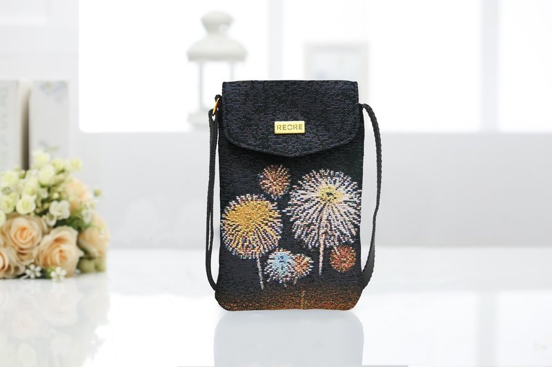 手機袋S  防潑水 平織緹花 煙花菊  iphone12  斜背 - 側背包/斜背包 - 防水材質 黑色