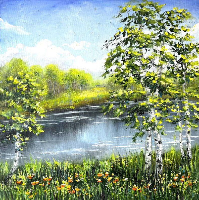 Birch Tree Painting Landscape Original Artwork 40x40 cm/16x16 inch by AnaskoArt - 海報/掛畫/掛布 - 棉．麻 多色