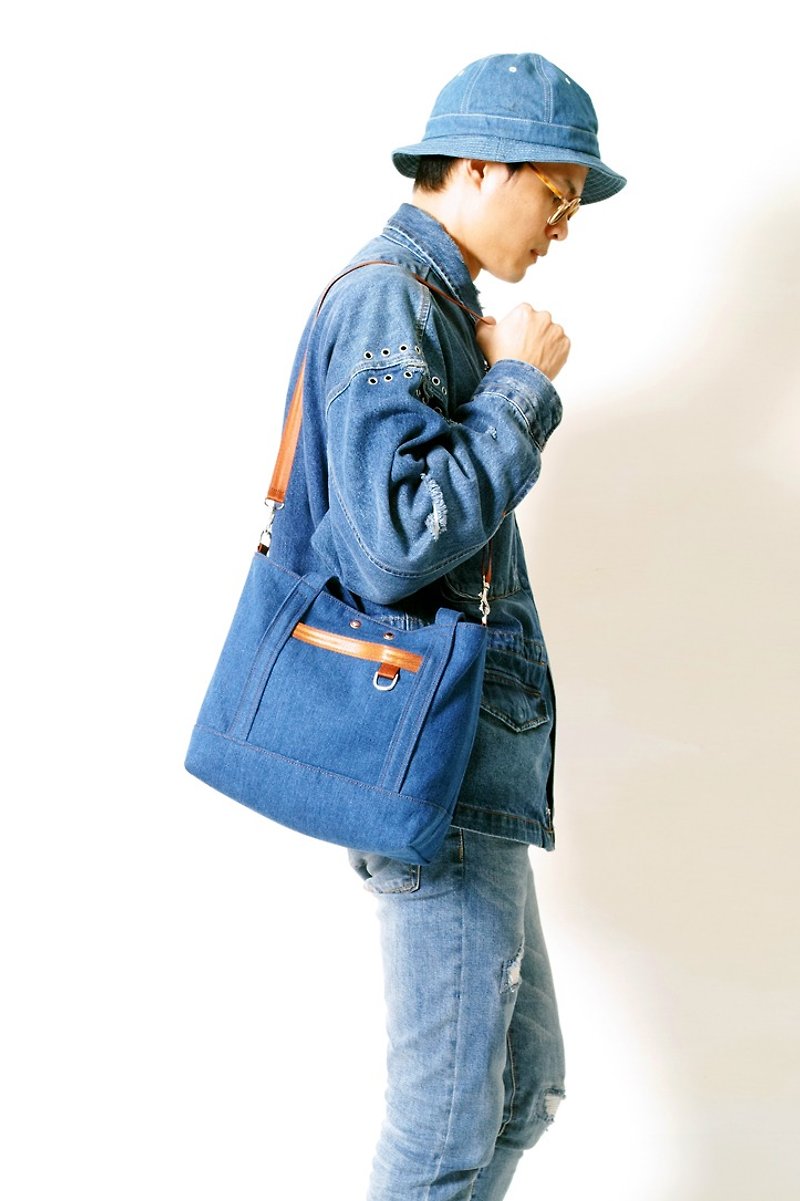 DENIM-Hand-made Denim Denim Canvas Portable / Inclined Side Back / Tablet Bag - Messenger Bags & Sling Bags - Cotton & Hemp Blue