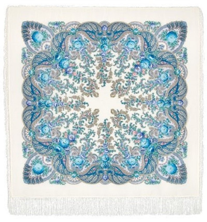 Pavlovo Posad Russian Shawl 100% Wool Scarf 125x125 cm Wrap Silk Fringe 1428-4 - 圍巾/披肩 - 羊毛 白色