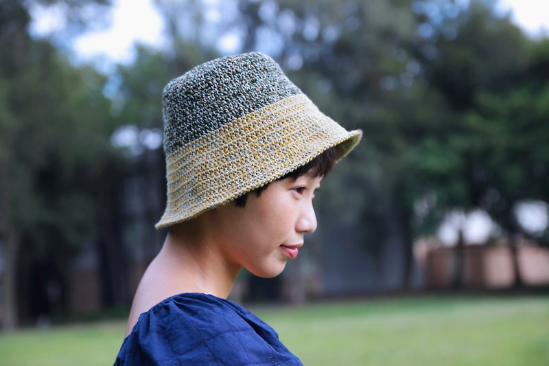 編織雙色寬簷漁夫帽-深草綠秋稻黃 - 帽子 - 棉．麻 綠色
