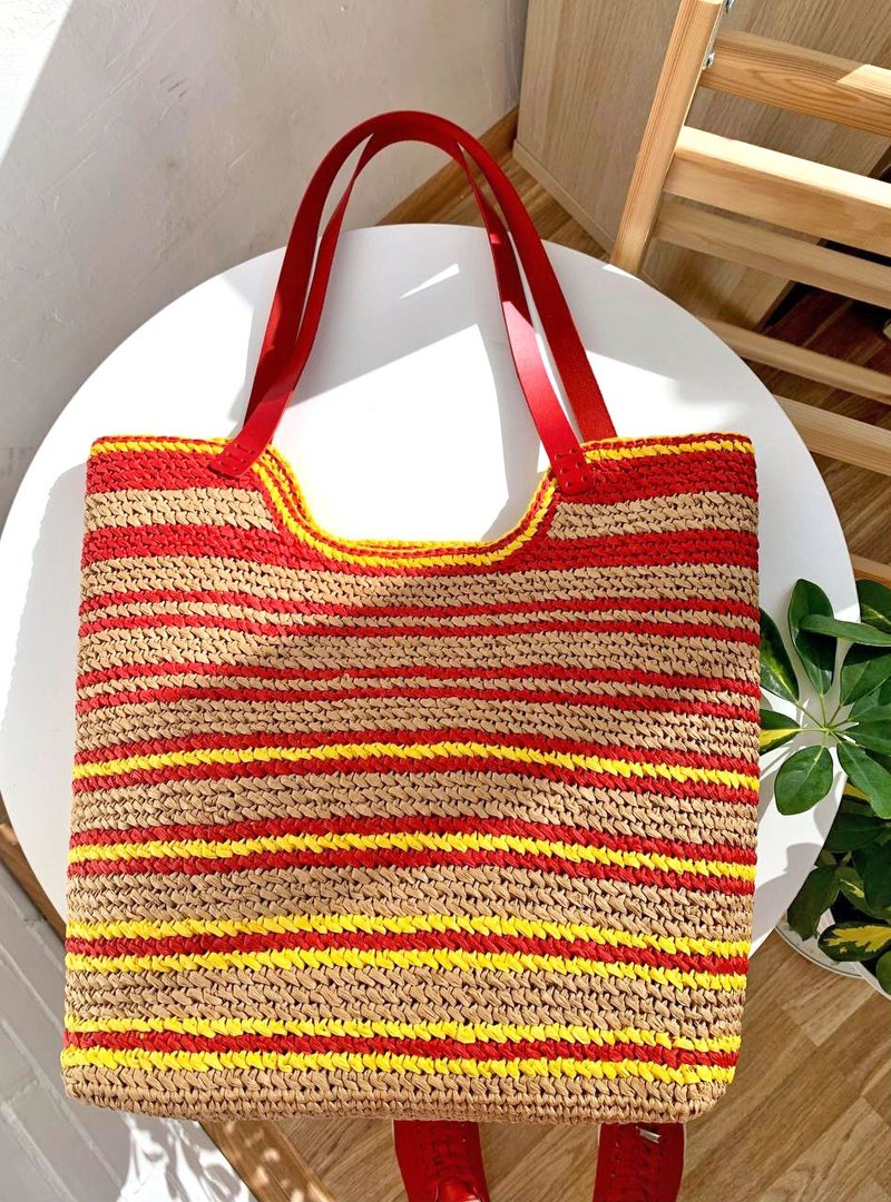 編織說明書電子檔 Crochet Pattern for Large Striped Raffia Beach Bag with Leather Handles - 手工藝教學/工具書 - 其他材質 