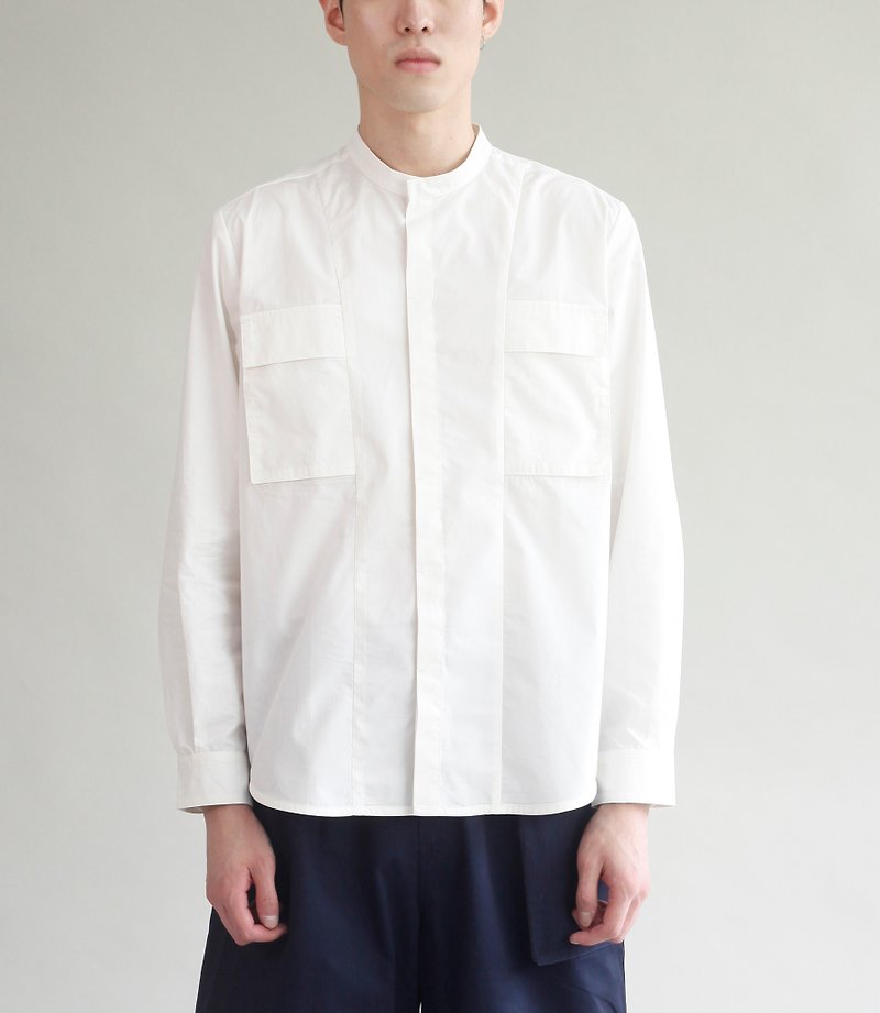 立领双口袋衬衫 - 米白 - 男襯衫/休閒襯衫 - 棉．麻 白色