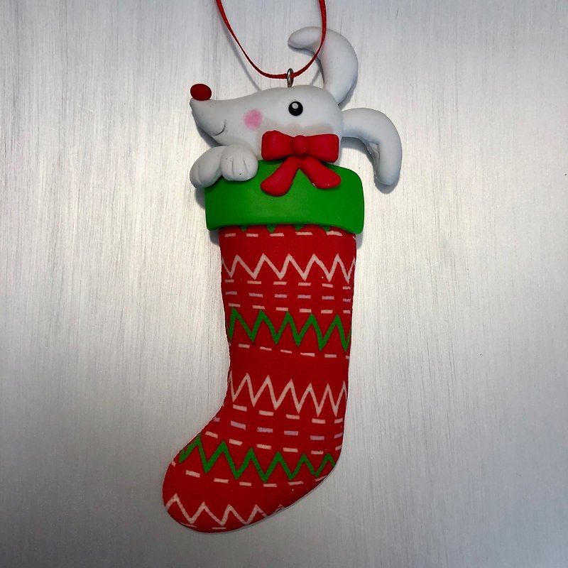 Christmas stocking bunny charm - ของวางตกแต่ง - ดินเผา สีแดง