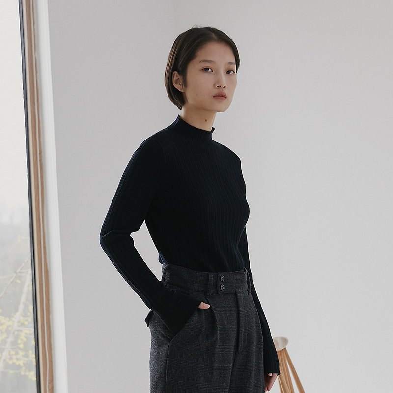 Black 3 color full wool petals half-neck sweater vertical strips thin autumn and winter long-sleeved pullovers inside the sweater - สเวตเตอร์ผู้หญิง - ขนแกะ สีดำ