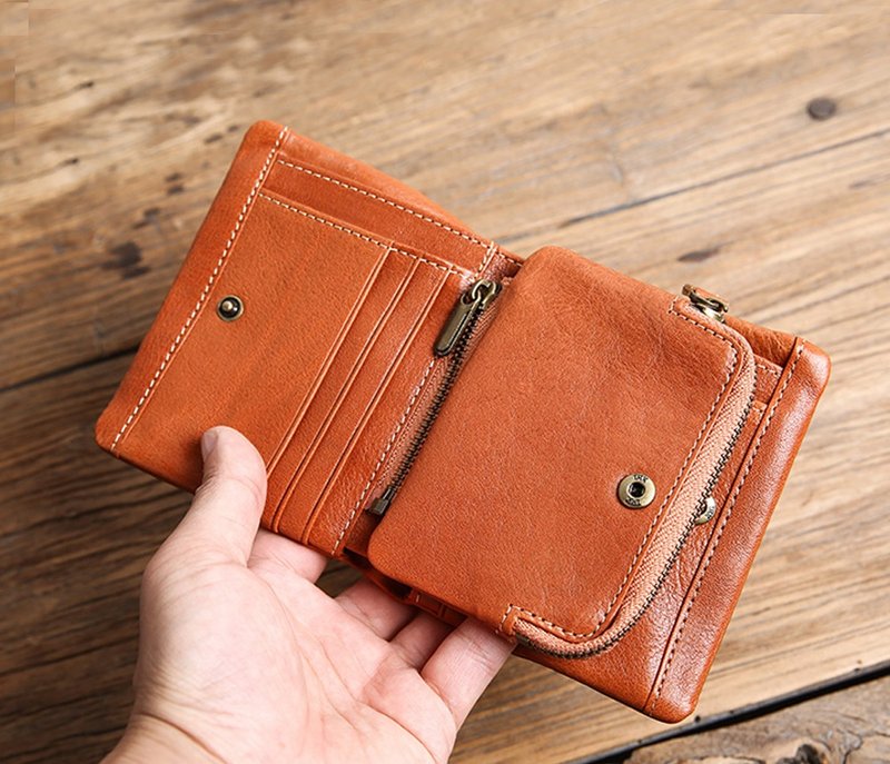 真皮折疊男士錢包 拉鏈零錢包 - 錢包/皮夾/長短夾 - 真皮 咖啡色