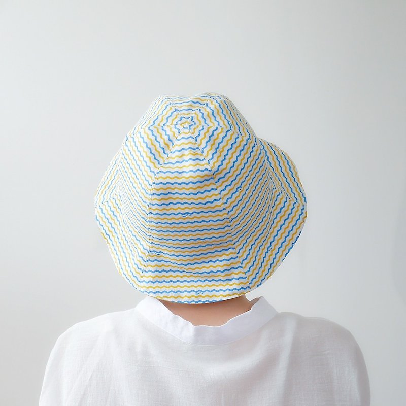 [黃藍條紋撞色雙面漁夫帽] - 帽子 - 棉．麻 黃色
