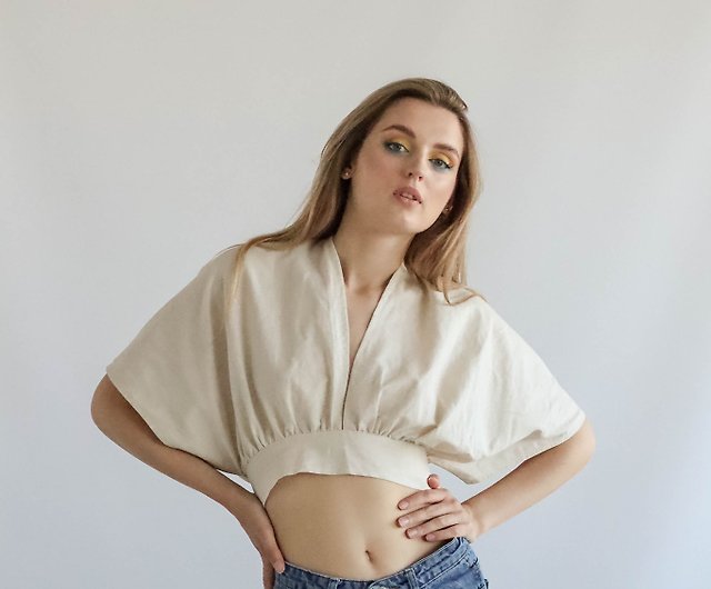 MALLOW LINEN TOP - linen top open back - linen sleeves blouses