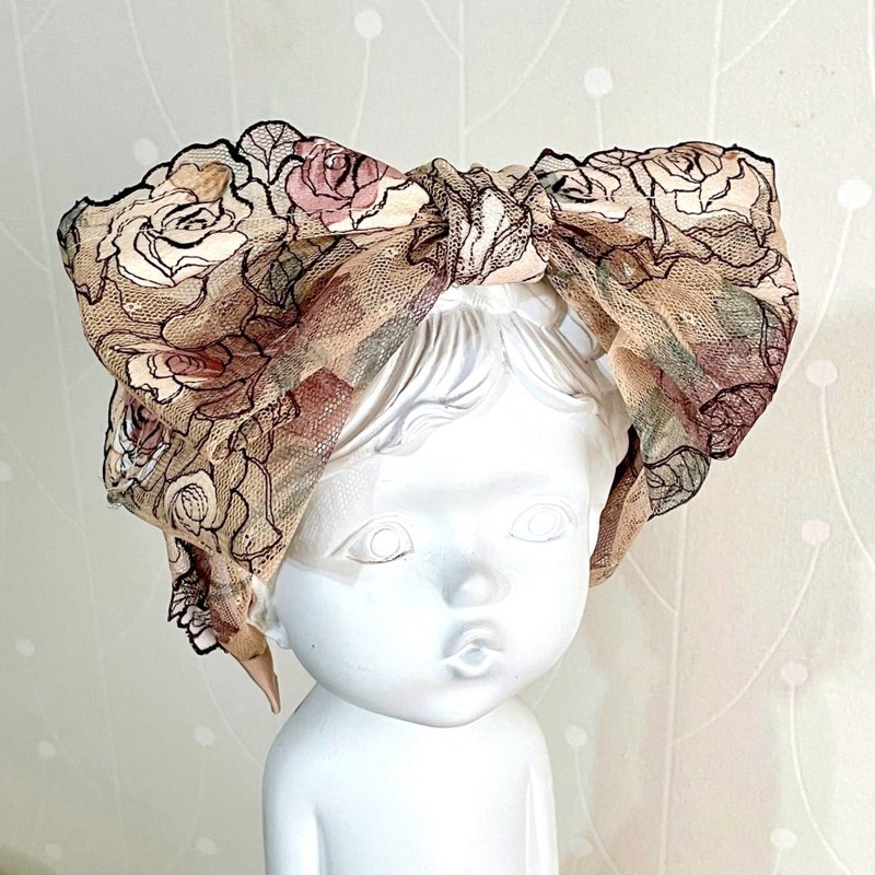 Big bow headband/headband wide version wide-brimmed headband style embroidered lace hair hole headband headband - ที่คาดผม - วัสดุอื่นๆ สีนำ้ตาล