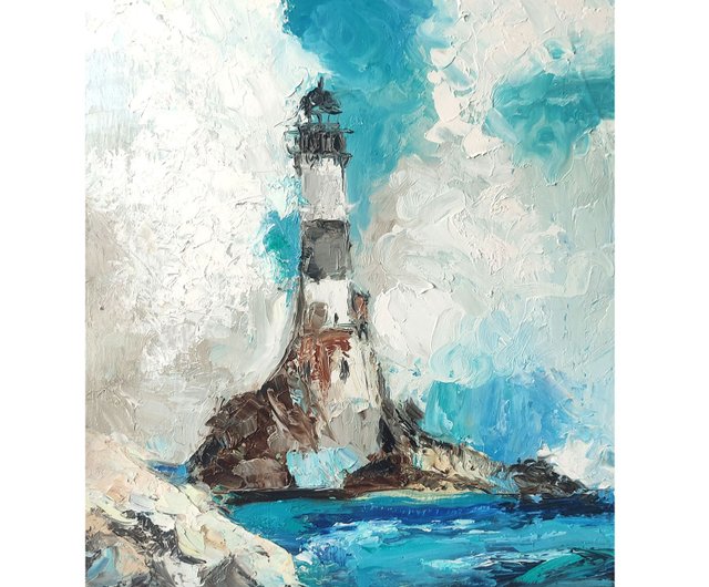 灯台絵画油オリジナル海景アート厚塗り灯台アートワーク