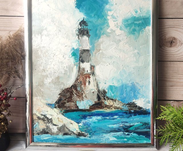 灯台絵画油オリジナル海景アート厚塗り灯台アートワーク