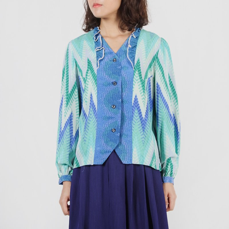 [Egg plant ancient] Chuanliu dream pure silk printing vintage shirt - Women's Shirts - Silk Green