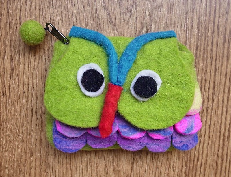 【Grooving the beats】Zippered coin purse pouch purse wool fabric（Owl_Dark Blue） - Coin Purses - Wool Green